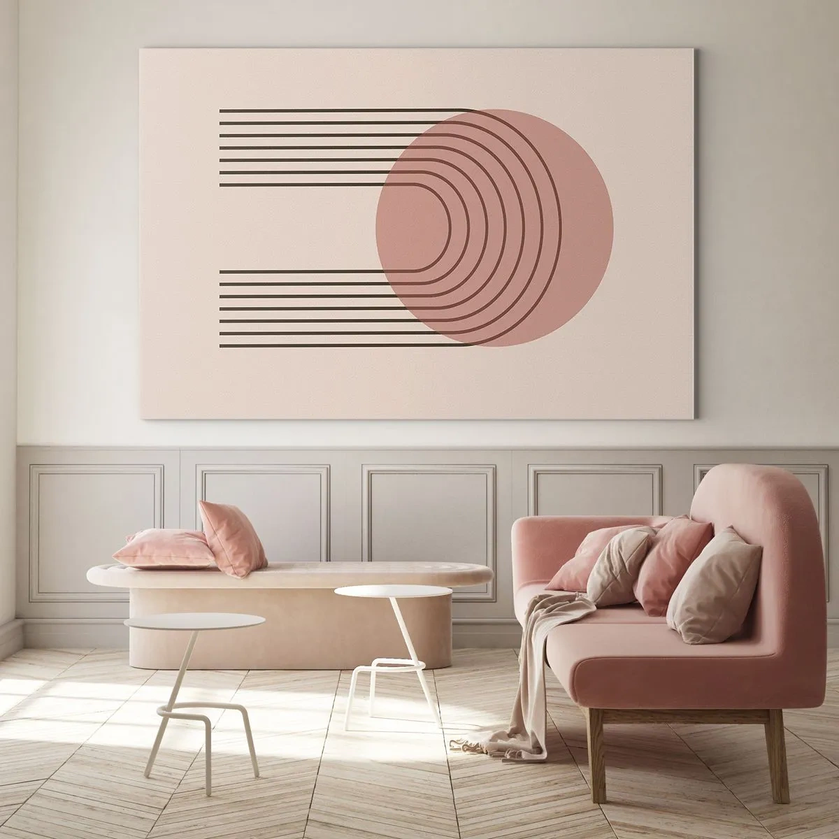 Obraz na szkle - Minimalistyczna grafika geometryczna w odcieniach beżu - 100x70cm - Nieodparte przyciąganie - Nowoczesna dekoracja ścienna do salonu, kuchni i sypialni ARTTOR