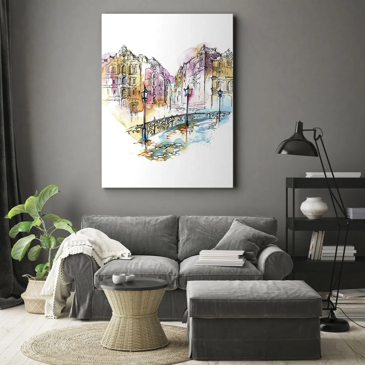 Obraz na płótnie - Rysunek mostu i kamienic w pastelowych kolorach - 50x70cm - Serce miasta - Nowoczesna dekoracja ścienna do salonu, kuchni i sypialni ARTTOR
