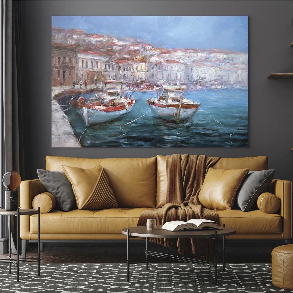 Obraz na szkle - Port rybacki z łodziami w tle włoskich budynków i błękitnego nieba - 70x50cm - Włoska zatoka - Nowoczesna dekoracja ścienna do salonu i sypialni ARTTOR