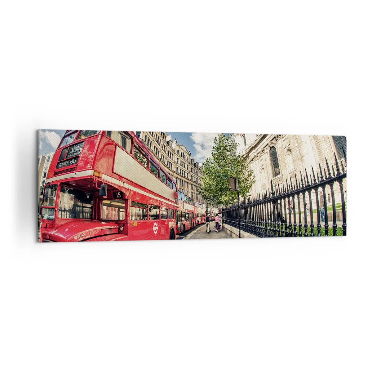 Obraz na płótnie - Czerwony piętrowy autobus w Londynie przy ulicy i katedrze - 160x50cm - Londyńska ulica w szarości i czerwieni - Nowoczesna dekoracja ścienna do salonu i sypialni ARTTOR