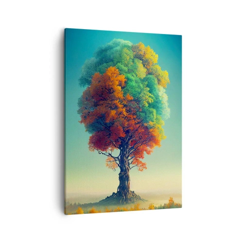 Obraz na płótnie - Drzewo z wielobarwnymi liśćmi na tle mglistego krajobrazu - 50x70cm - Dąb – ojciec natury - Nowoczesna dekoracja ścienna do salonu, kuchni i sypialni ARTTOR