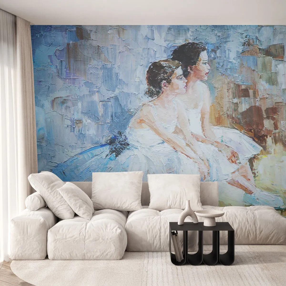 Fototapeta Premium Sand - Impresjonistyczne baletnice w białych sukniach - 100x70cm - Odpoczynek młodych łabędzi - Nowoczesna dekoracja ścienna do salonu, kuchni i sypialni ARTTOR