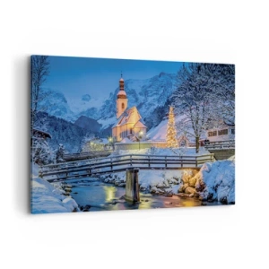 Obraz na płótnie - Zimowy krajobraz z kościołem, mostem i górami o zmierzchu - 120x80cm - Duch Świąt - Nowoczesna dekoracja ścienna do salonu, kuchni i sypialni ARTTOR