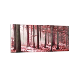 Obraz na szkle - Zachwycający las w czerwonych barwach z promieniami światła przenikającymi przez drzewa - 120x50cm - Czerwony równie piękny - Nowoczesna dekoracja ścienna do salonu i sypialni ARTTOR