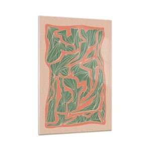 Obraz na szkle - Roślinny wzór w odcieniach zieleni i pomarańczu - 70x100cm - Zmagania koralu i zieleni - Nowoczesna dekoracja ścienna do salonu i sypialni ARTTOR