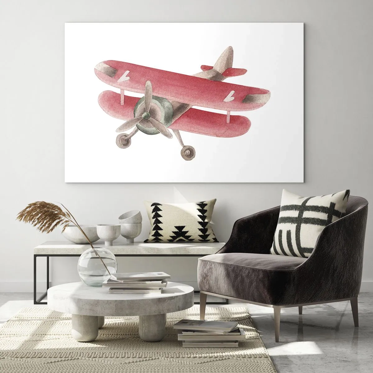 Obraz na szkle - Dwupłatowiec w stylu retro w odcieniach czerwieni - 70x50cm - Gotowy do wysokich lotów - Nowoczesna dekoracja ścienna do salonu i sypialni ARTTOR