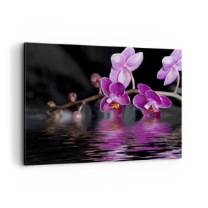 Obraz na płótnie - Fioletowe orchidee nad spokojną wodą na tle czarnym - 100x70cm - Liliowe odbicie piękna - Nowoczesna dekoracja ścienna do salonu, kuchni i sypialni ARTTOR