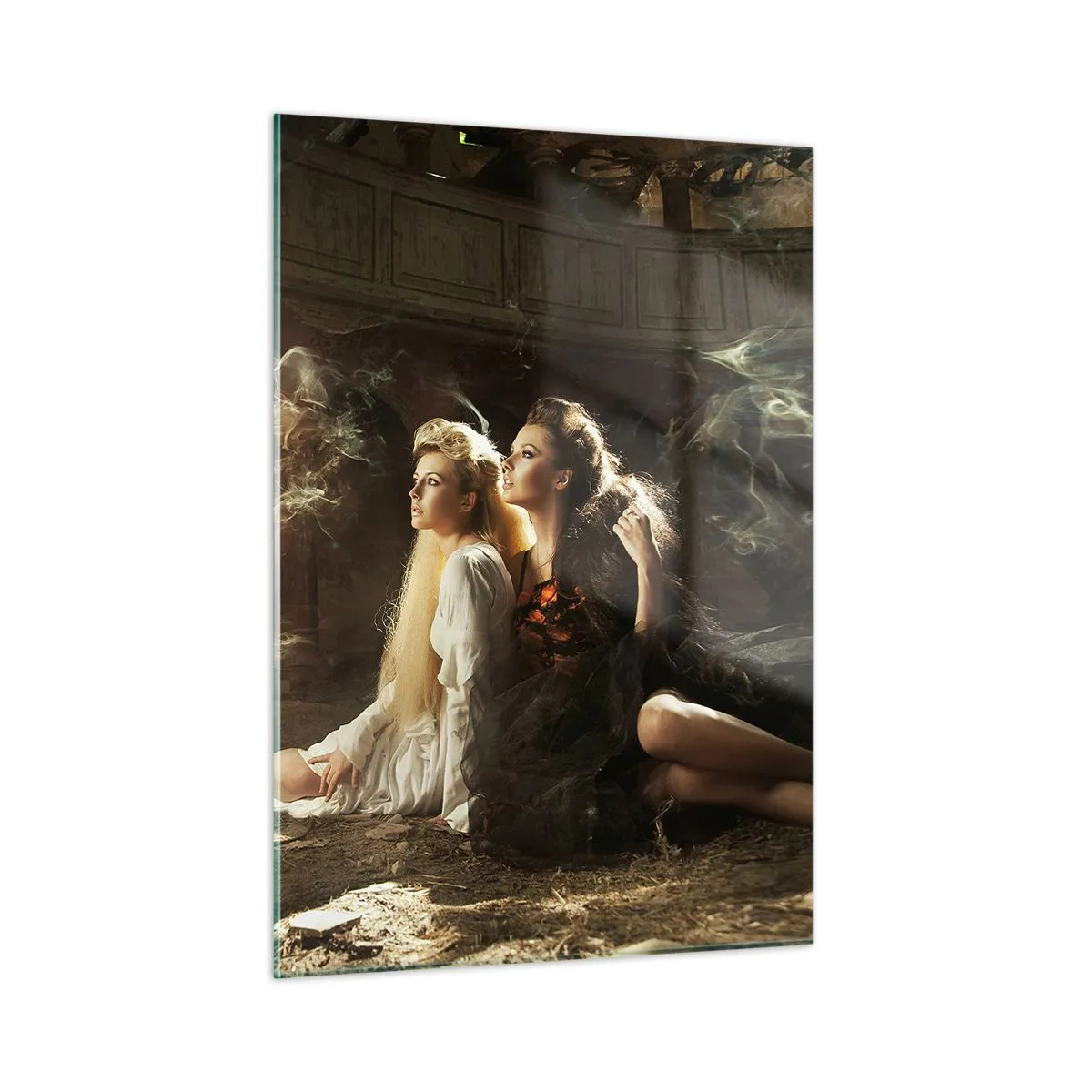 Obraz na szkle - Dwie kobiety z ognistym feniksem w magicznej scenerii - 50x70cm - I stała się poezja - Nowoczesna dekoracja ścienna do salonu, kuchni i sypialni ARTTOR