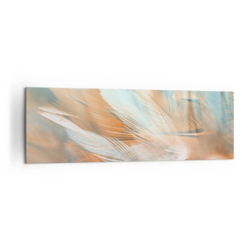 Obraz na płótnie - Delikatne pióra w pastelowych odcieniach błękitu i pomarańczu - 160x50cm - W krainie łagodności - Nowoczesna dekoracja ścienna do salonu i sypialni ARTTOR