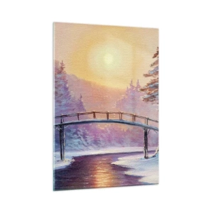 Obraz na szkle - Zimowy krajobraz z mostkiem nad rzeką o zachodzie słońca - 50x70cm - Cztery pory roku - zima - Nowoczesna dekoracja ścienna do salonu, kuchni i sypialni ARTTOR