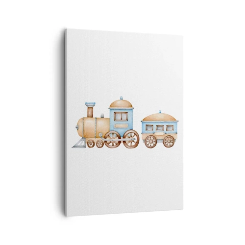 Obraz na płótnie - Ilustracja akwarelowa przedstawiająca drewniany pociąg w pastelowych kolorach - 50x70cm - Stoi na stacji... - Nowoczesna dekoracja ścienna do salonu, kuchni i sypialni ARTTOR