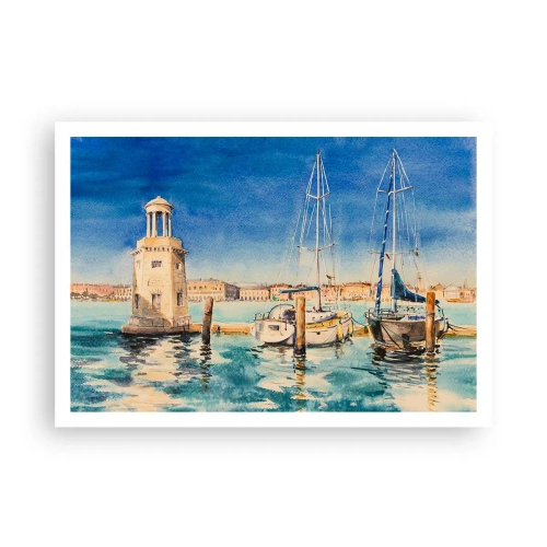 Plakat - Marina z łodziami na tle błękitnej laguny - 100x70cm - Słoneczna laguna - Nowoczesna dekoracja ścienna do salonu i sypialni ARTTOR