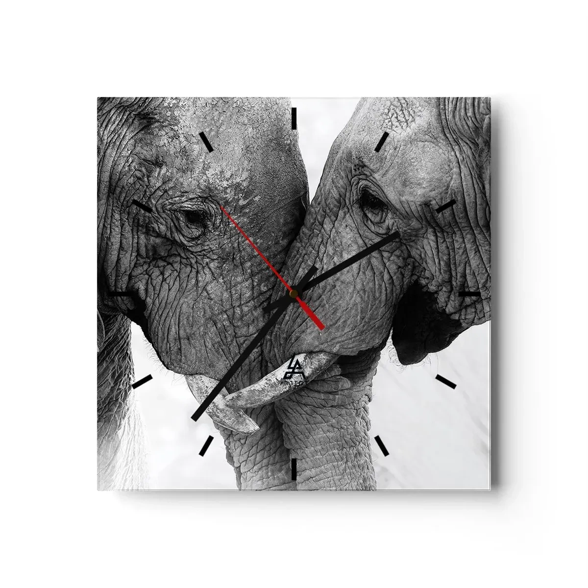 Zegar ścienny - Dwa słonie w czułym geście na monochromatycznym tle - 30x30cm - Serdeczne wyznanie - Nowoczesna dekoracja ścienna do salonu i sypialni ARTTOR