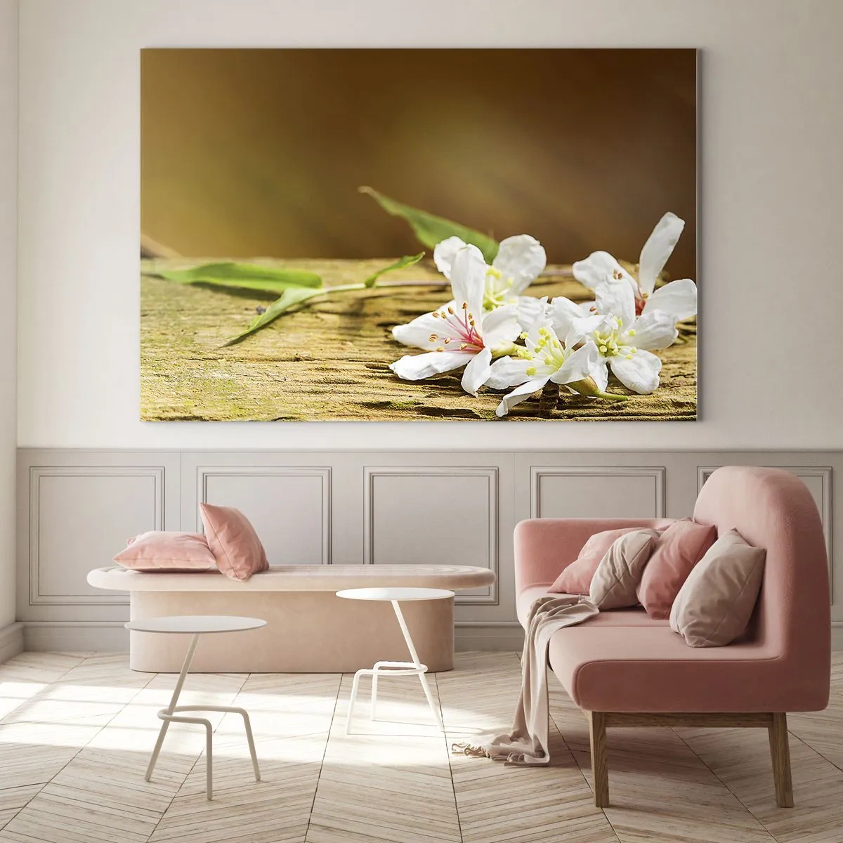 Obraz na szkle - Białe kwiaty na drewnianym tle w ciepłym świetle - 120x80cm - Niewinna obietnica - Nowoczesna dekoracja ścienna do salonu, kuchni i sypialni ARTTOR