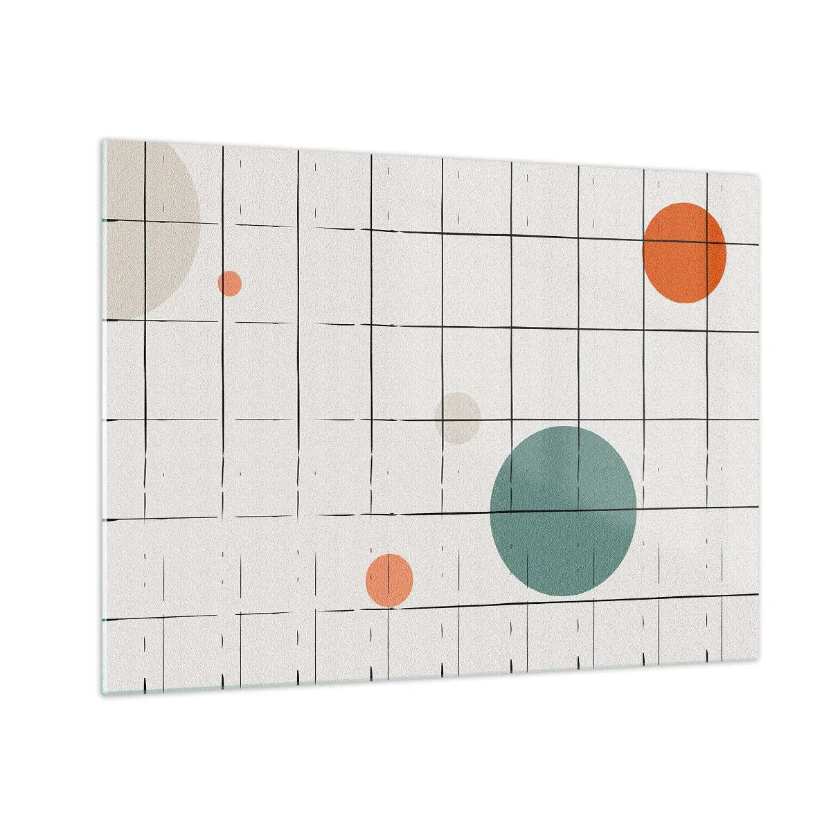 Obraz na szkle - Kolorowe koła na tle geometrycznej siatki z cienkich linii - 70x50cm - Uwięzione. My czy one? - Nowoczesna dekoracja ścienna do salonu i sypialni ARTTOR