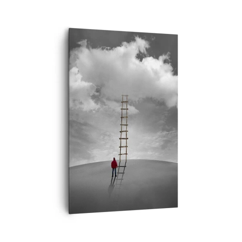 Obraz na płótnie - Osoba w czerwonym płaszczu i drabina prowadząca do chmury - 80x120cm - Wszystko możliwe - Nowoczesna dekoracja ścienna do salonu i sypialni ARTTOR