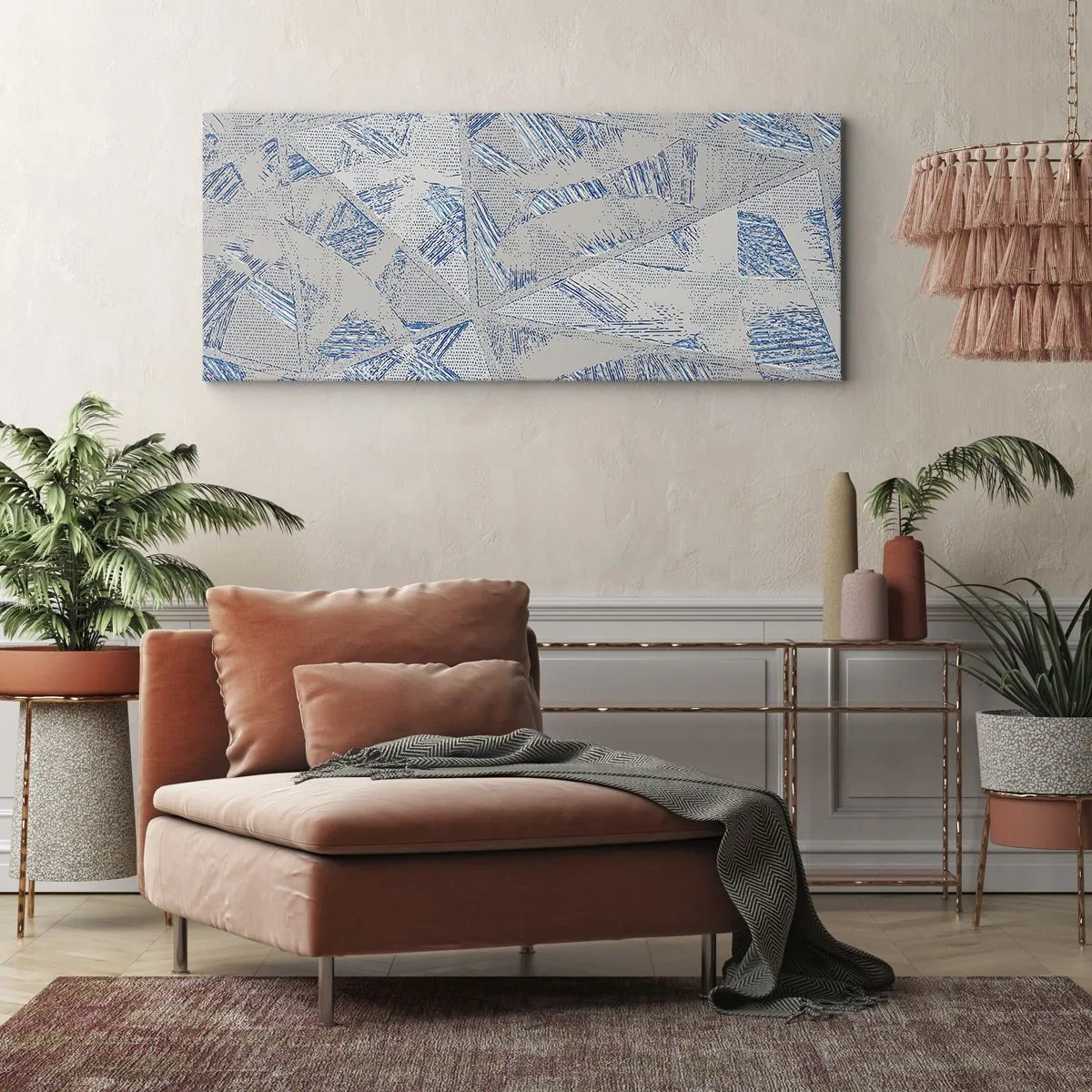 Obraz na płótnie - Geometryczne wzory w odcieniach błękitu i szarości - 160x50cm - W szaroniebieskim labiryncie - Nowoczesna dekoracja ścienna do salonu i sypialni ARTTOR