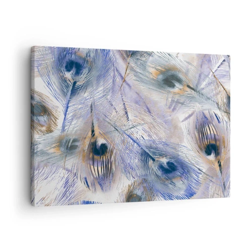 Obraz na płótnie - Wzór z piórami pawia w odcieniach błękitu i złota - 70x50cm - Pawiooka kompozycja - Nowoczesna dekoracja ścienna do salonu i sypialni ARTTOR