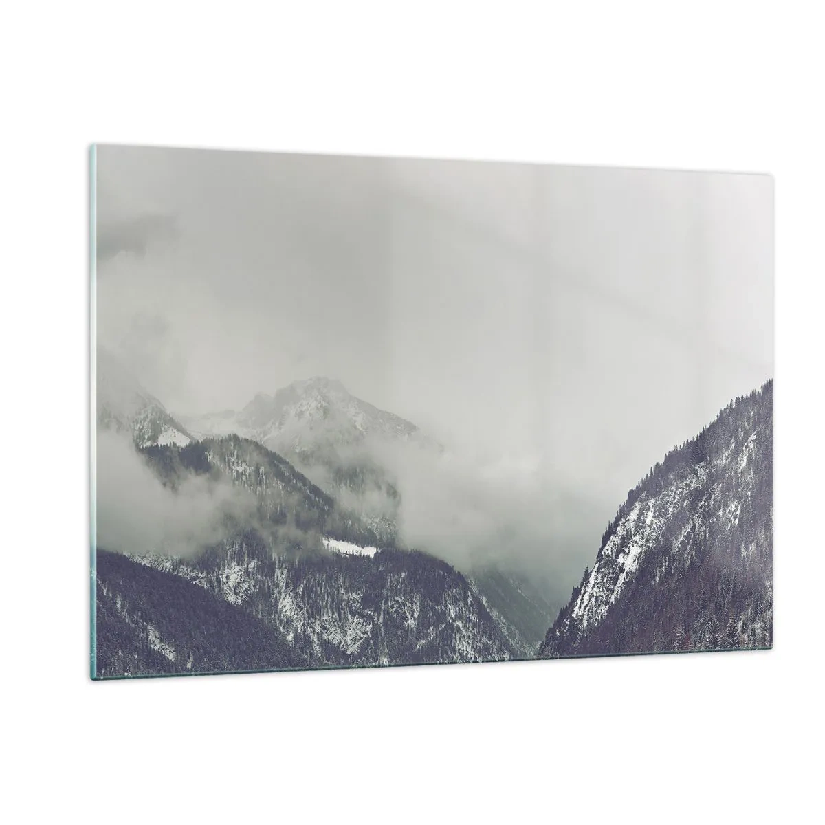 Obraz na szkle - Górska dolina we mgle w odcieniach szarości - 120x80cm - Omglona dolina - Nowoczesna dekoracja ścienna do salonu, kuchni i sypialni ARTTOR