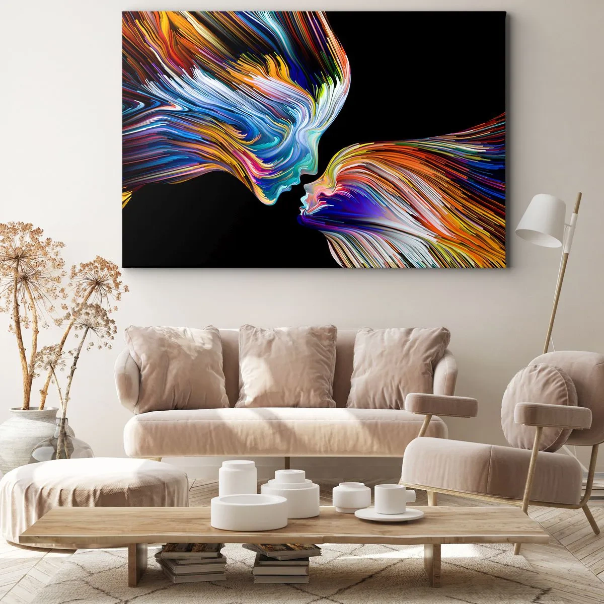 Obraz na płótnie - Kolorowe sylwetki twarzy w dynamicznych strugach na czarnym tle - 70x50cm - Fuzja energii i światła - Nowoczesna dekoracja ścienna do salonu i sypialni ARTTOR