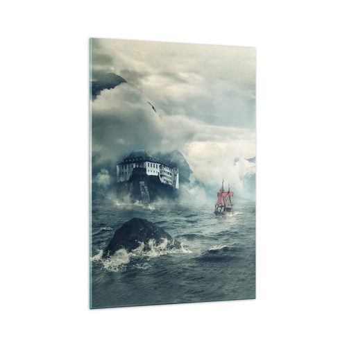 Obraz na szkle - Tajemniczy krajobraz z zamkiem, górami i statkiem - 70x100cm - Na magicznych wodach - Nowoczesna dekoracja ścienna do salonu i sypialni ARTTOR