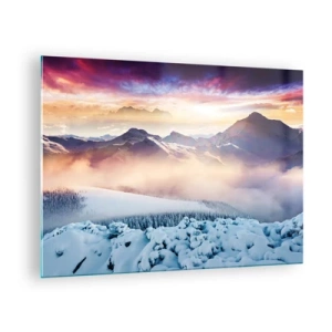 Obraz na szkle - Górski krajobraz zimowy z zachodzącym słońcem i mgłą - 70x50cm - Siła i czystość natury - Nowoczesna dekoracja ścienna do salonu i sypialni ARTTOR