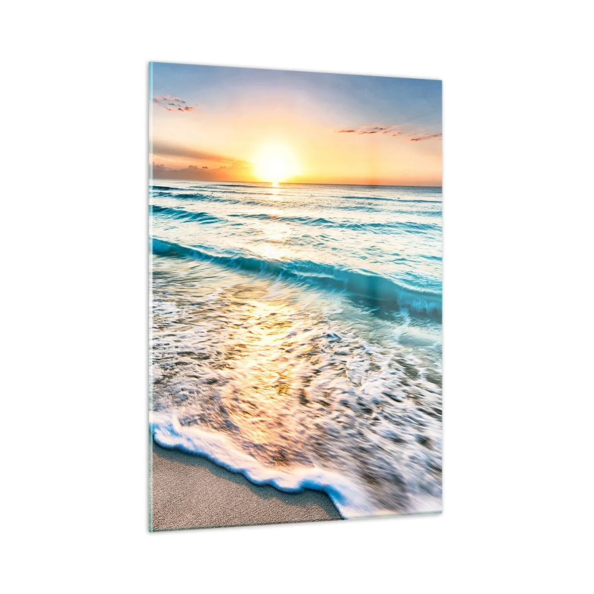 Obraz na szkle - Plaża o poranku z falami i wschodem słońca - 50x70cm - Widok wart zachodu - Nowoczesna dekoracja ścienna do salonu, kuchni i sypialni ARTTOR