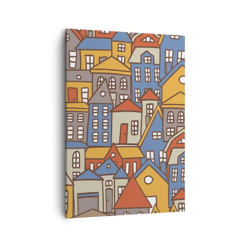 Obraz na płótnie - Kolorowa ilustracja stylizowanych domków w ciepłej palecie barw - 50x70cm - Za domem dom - Nowoczesna dekoracja ścienna do salonu, kuchni i sypialni ARTTOR