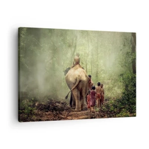 Obraz na płótnie - Dzieci z słoniem w zielonym lesie w świetle poranka - 70x50cm - Nowa Księga Dżungli - Nowoczesna dekoracja ścienna do salonu i sypialni ARTTOR