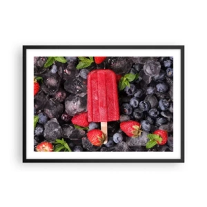Plakat w czarnej ramie - Czerwony lód na patyku w otoczeniu owoców i lodu - 70x50cm - Smak gorącego lata - Nowoczesna dekoracja ścienna do salonu i sypialni ARTTOR