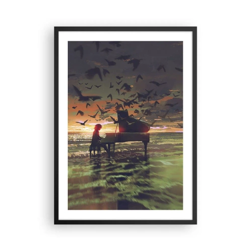 Plakat w czarnej ramie - Silhouetta pianisty na tle zachodu słońca - 50x70cm - Koncert na fortepian i fale - Nowoczesna dekoracja ścienna do salonu i sypialni ARTTOR
