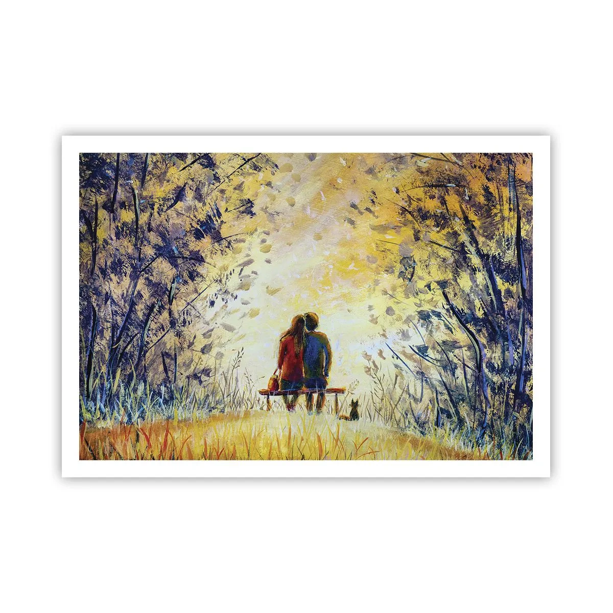 Plakat - Para siedząca na ławce wśród jesiennych drzew w świetle słońca - 100x70cm - Magiczna chwila - Nowoczesna dekoracja ścienna do salonu i sypialni ARTTOR