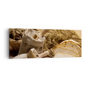 Obraz na płótnie - Krajobraz z chlebem, mąką i kłosami zbóż w rustykalnym stylu - 140x50cm - Jak nożem uciął - Nowoczesna dekoracja ścienna do salonu i sypialni ARTTOR