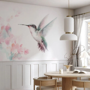 Fototapeta Standard Eco - Akwarelowy koliber wśród pastelowych kwiatów - 100x70cm - Zatrzymany w trzepocie - Nowoczesna dekoracja ścienna do salonu i sypialni ARTTOR