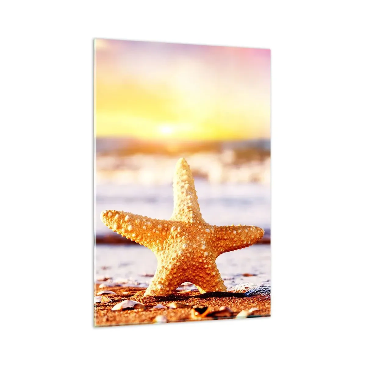 Obraz na szkle - Rozgwiazda na piaszczystej plaży w blasku zachodzącego słońca - 80x120cm - Morski podarunek - Nowoczesna dekoracja ścienna do salonu i sypialni ARTTOR