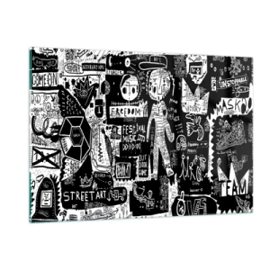 Obraz na szkle - Czarno-biała grafika w stylu street art z postaciami i symbolami - 120x80cm - Duchowej młodości prawa i radości - Nowoczesna dekoracja ścienna do salonu, kuchni i sypialni ARTTOR