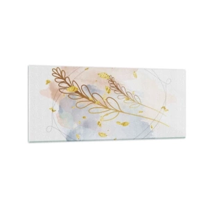 Obraz na szkle - Delikatny motyw liści w złotym kolorze na pastelowym tle z akwarelowymi detalami - 120x50cm - Złoty podmuch - Nowoczesna dekoracja ścienna do salonu i sypialni ARTTOR