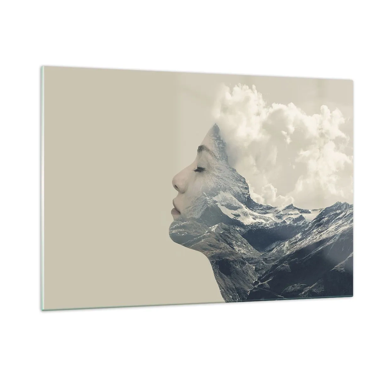 Obraz na szkle - Kobiecy profil z krajobrazem gór i chmur w tle - 120x80cm - Uroda żywiołów - Nowoczesna dekoracja ścienna do salonu, kuchni i sypialni ARTTOR