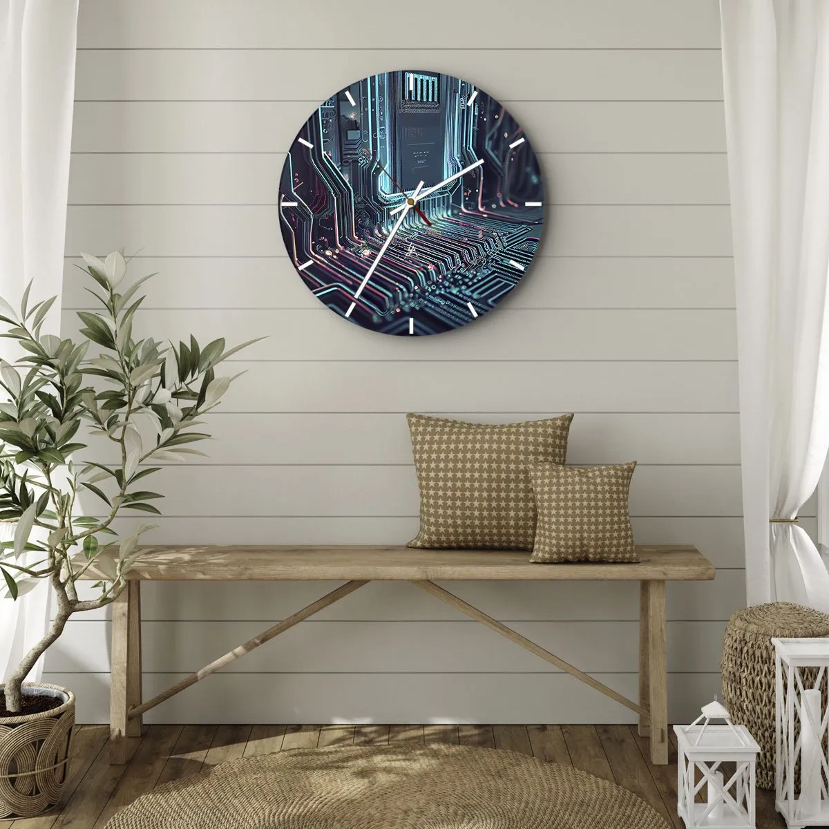 Zegar ścienny - Zbliżenie na neonowy układ scalony w futurystycznym stylu - 30x30cm - Tak sobie myślę… - Nowoczesna dekoracja ścienna do salonu, kuchni i sypialni ARTTOR