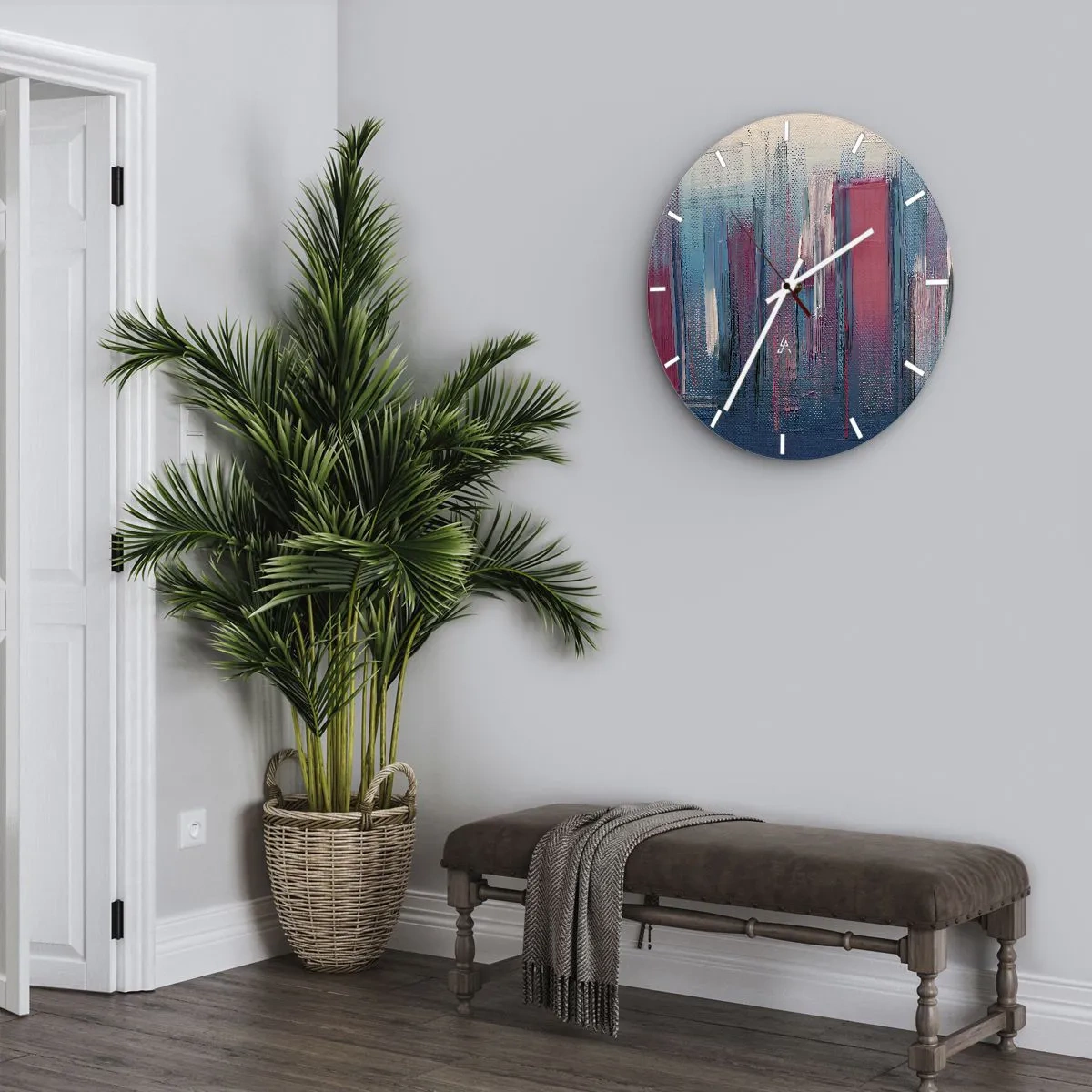 Zegar ścienny - Wertykalne pasy błękitu i czerwieni w artystycznym stylu - 30x30cm - Kompozycja wertykalna w błękicie i czerwieni - Nowoczesna dekoracja ścienna do salonu, kuchni i sypialni ARTTOR