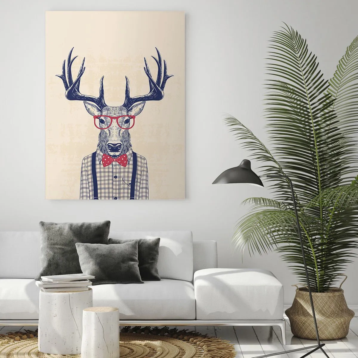 Obraz na szkle - Ilustracja przedstawiająca jelenia w okularach i muszce - 50x70cm - Zabawna ekstrawagancja - Nowoczesna dekoracja ścienna do salonu, kuchni i sypialni ARTTOR
