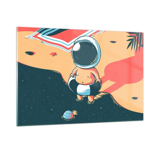 Obraz na szkle - Postać astronauty na plaży z kosmicznym krajobrazem - 120x80cm - Z innej perspektywy - Nowoczesna dekoracja ścienna do salonu, kuchni i sypialni ARTTOR