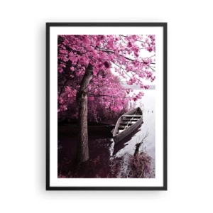 Plakat w czarnej ramie - Łódka na brzegu jeziora pod drzewem w kwitnących liściach - 50x70cm - W różowej ciszy - Nowoczesna dekoracja ścienna do salonu i sypialni ARTTOR