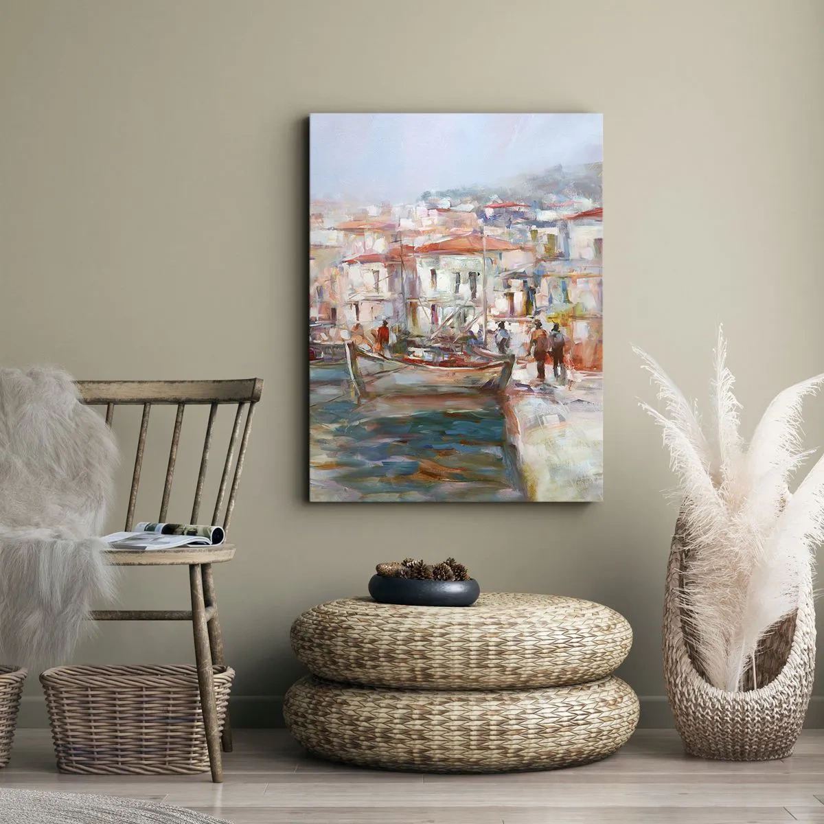 Obraz na płótnie - Impresjonistyczny port morski w pastelowych kolorach - 50x70cm - Pastelowe wakacje - Nowoczesna dekoracja ścienna do salonu, kuchni i sypialni ARTTOR