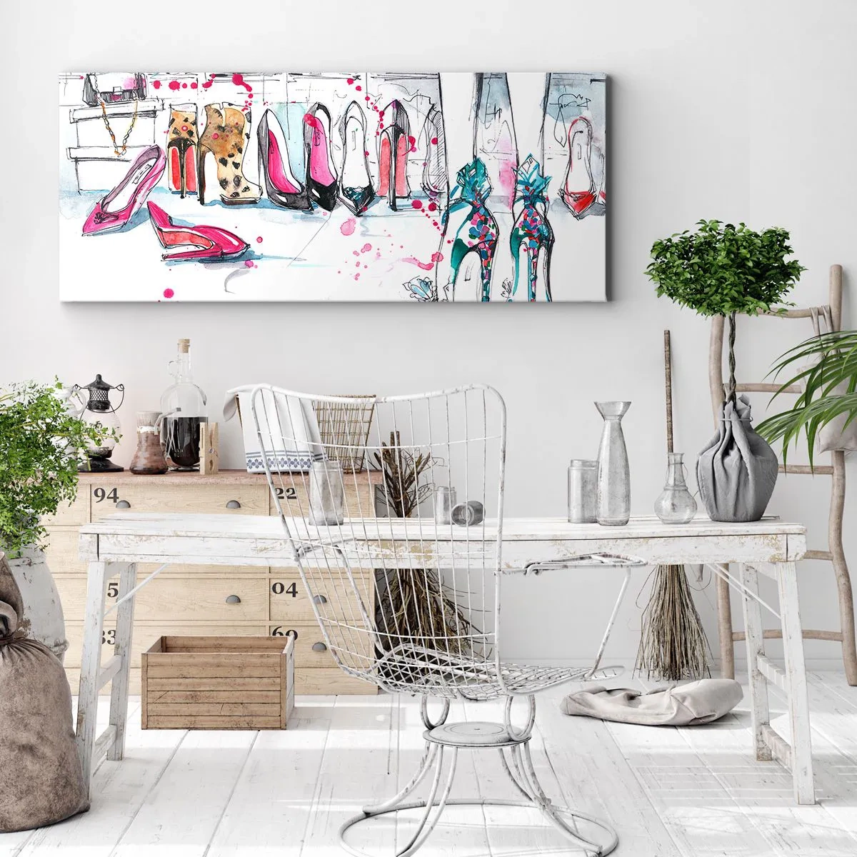 Obraz na płótnie - Artystyczna grafika z butami na wysokim obcasie i akcesoriami - 140x50cm - Sezamie, otwórz się - Nowoczesna dekoracja ścienna do salonu i sypialni ARTTOR