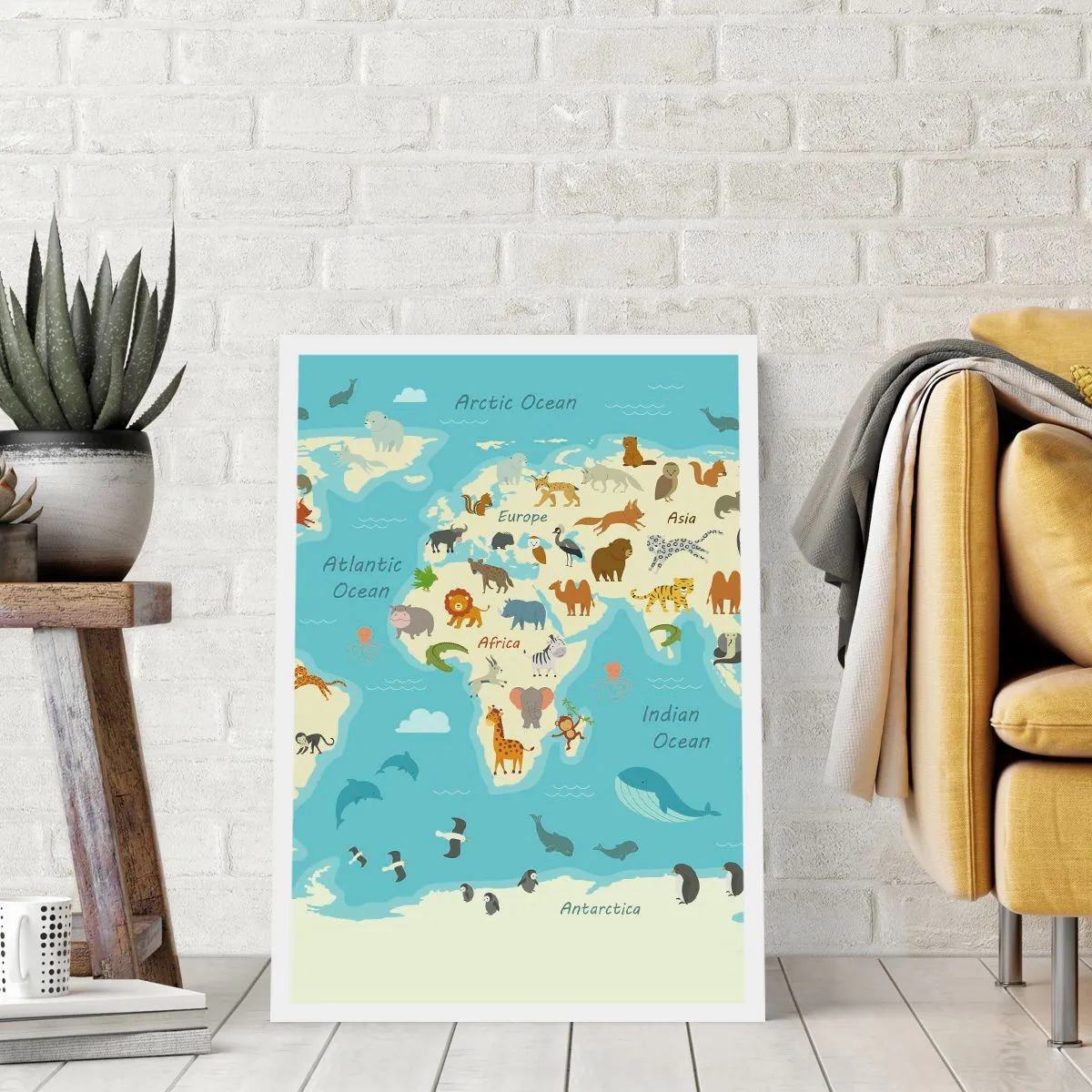 Plakat - Mapa świata z ilustracjami zwierząt w różnych regionach - 50x70cm - Dobrzy sąsiedzi - Nowoczesna dekoracja ścienna do salonu, kuchni i sypialni ARTTOR