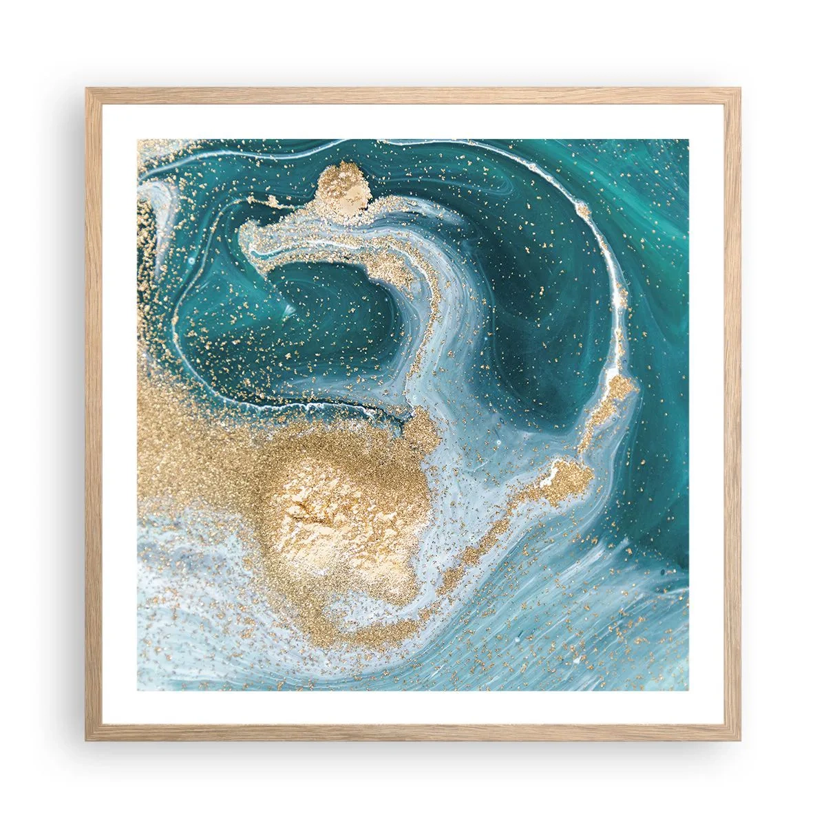 Plakat w ramie jasny dąb - Wir złota i turkusu - 60x60 cm