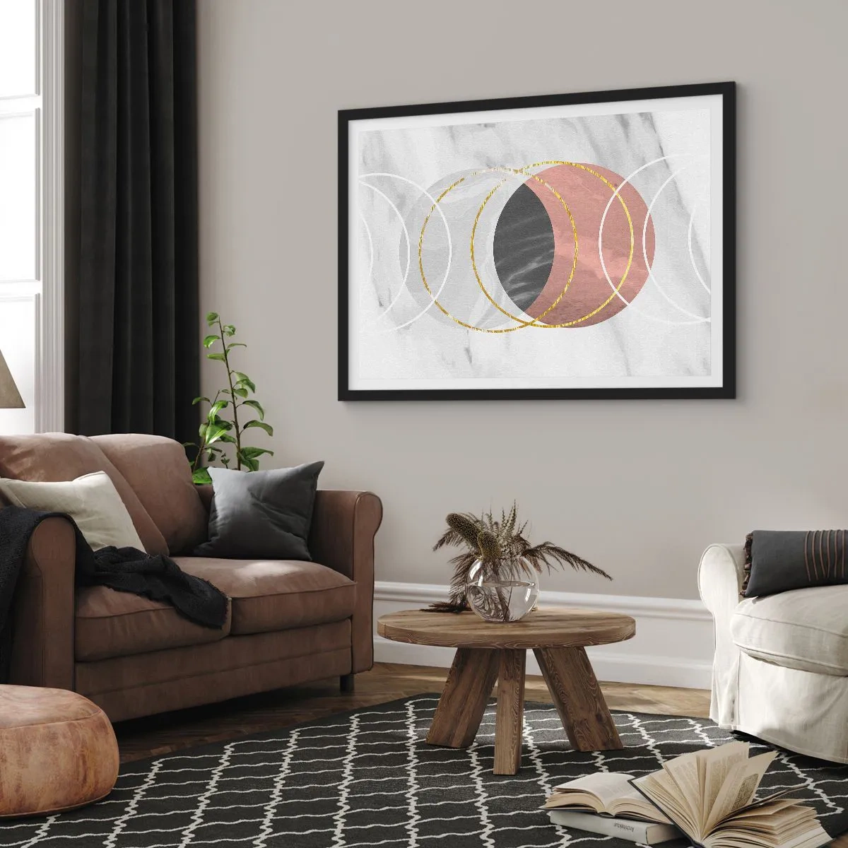 Plakat w czarnej ramie - Abstrakcyjna kompozycja geometryczna z kołami i metalicznymi detalami - 100x70cm - Muzyka sfer - Nowoczesna dekoracja ścienna do salonu i sypialni ARTTOR