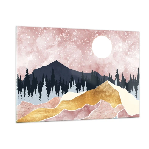 Obraz na szkle - Góry i las w świetle księżyca na tle różowego nieba - 120x80cm - Nocna straż - Nowoczesna dekoracja ścienna do salonu, kuchni i sypialni ARTTOR