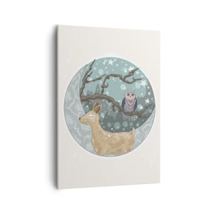 Obraz na płótnie - Urocza ilustracja jelenia i sowy w nocnym lesie - 50x70cm - Bajkowa, leśna noc - Nowoczesna dekoracja ścienna do salonu, kuchni i sypialni ARTTOR